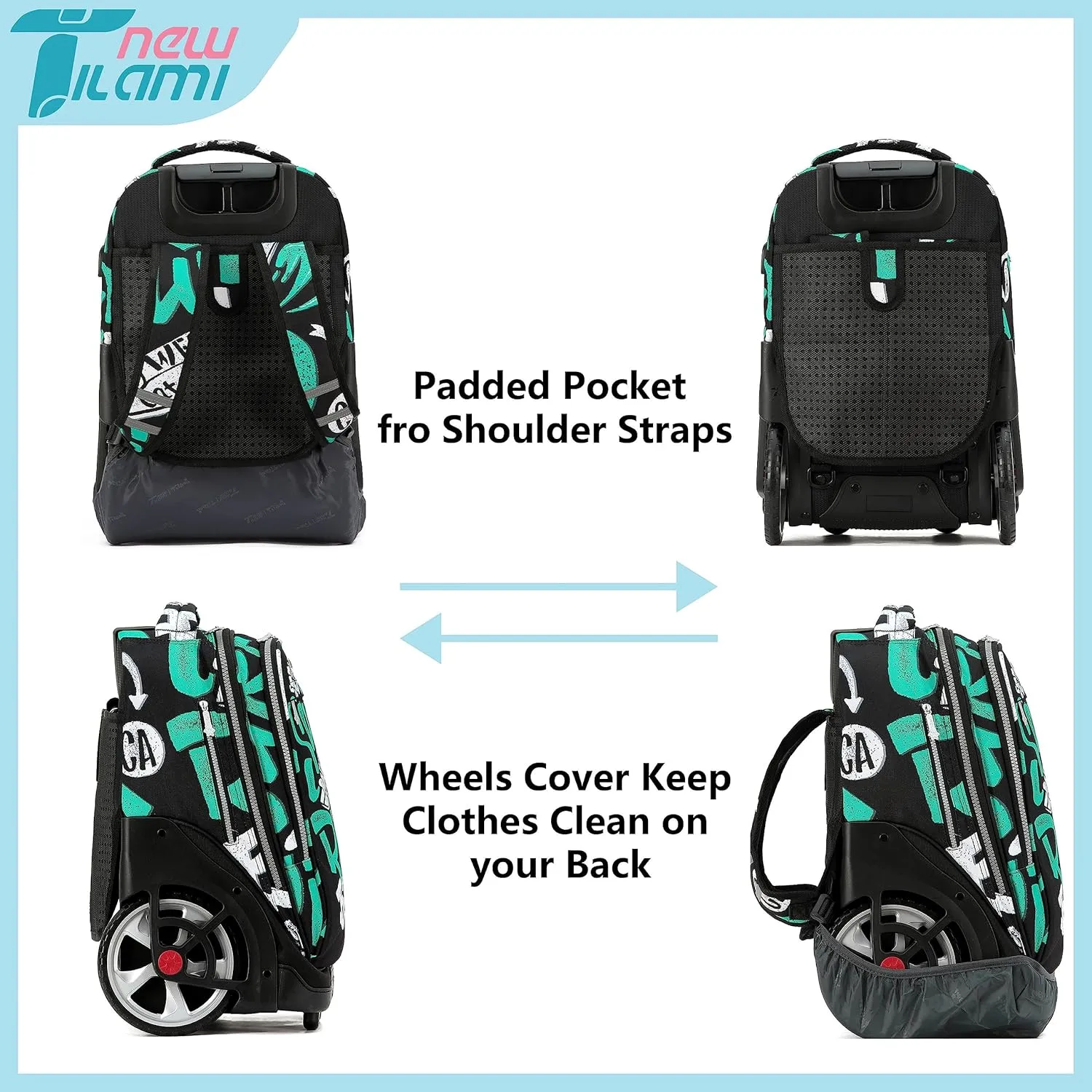 NEW TILAMI 19 inch Rolling Backpack with Lunch Bag for Boys and Girls Wheeled Laptop Backpack Durable Stylish Carry-on Bag School Travel, Beach Surf Rider