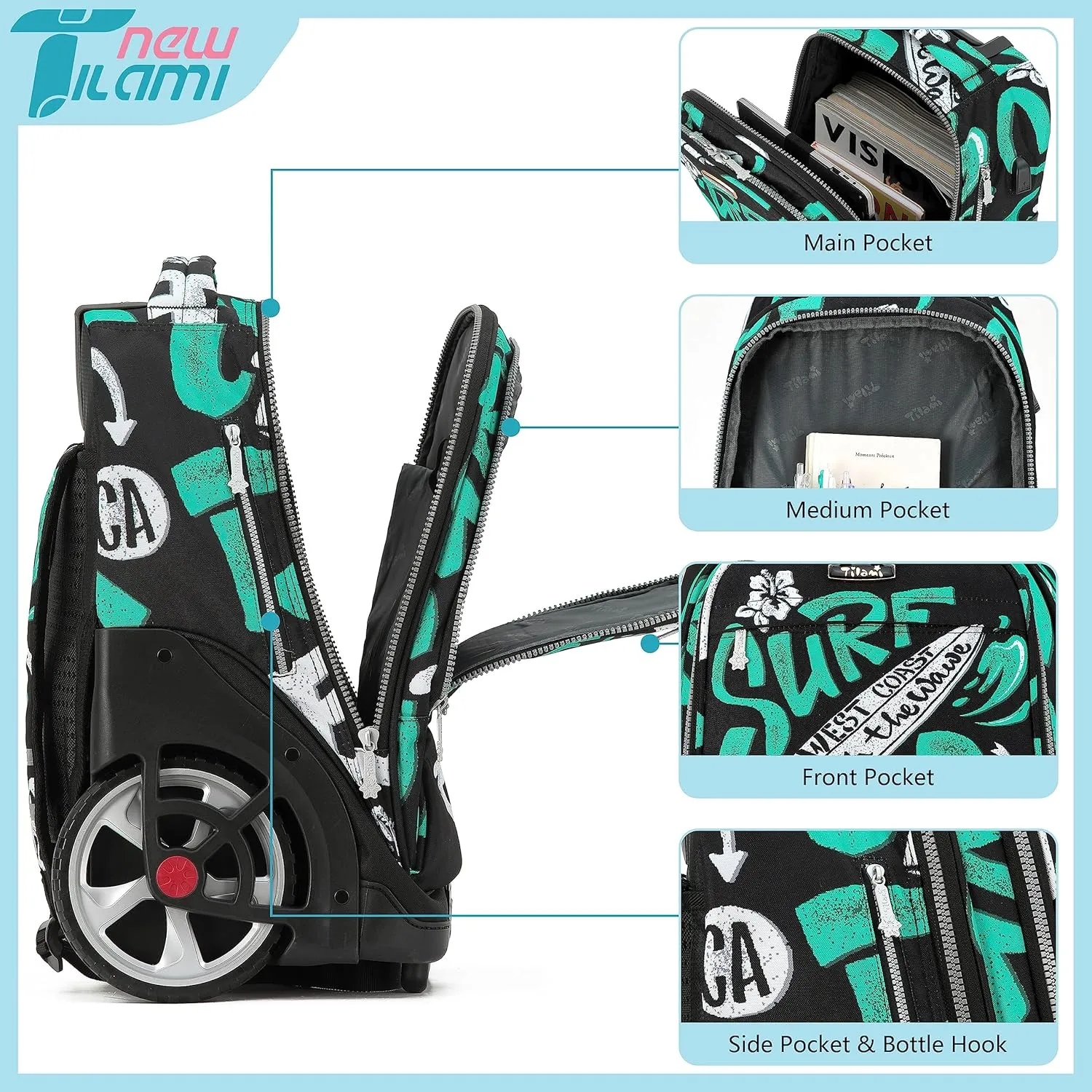 NEW TILAMI 19 inch Rolling Backpack with Lunch Bag for Boys and Girls Wheeled Laptop Backpack Durable Stylish Carry-on Bag School Travel, Beach Surf Rider