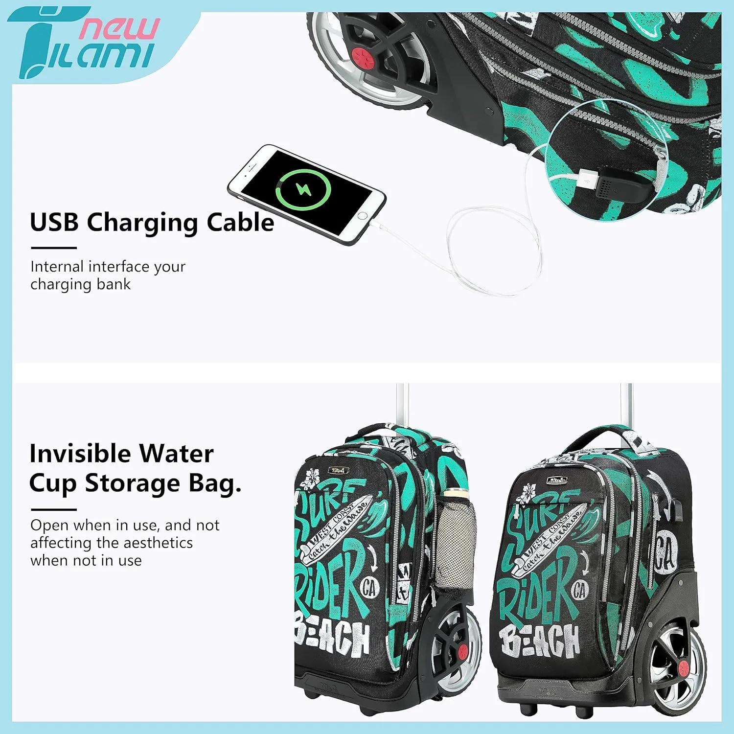 NEW TILAMI 19 inch Rolling Backpack with Lunch Bag for Boys and Girls Wheeled Laptop Backpack Durable Stylish Carry-on Bag School Travel, Beach Surf Rider