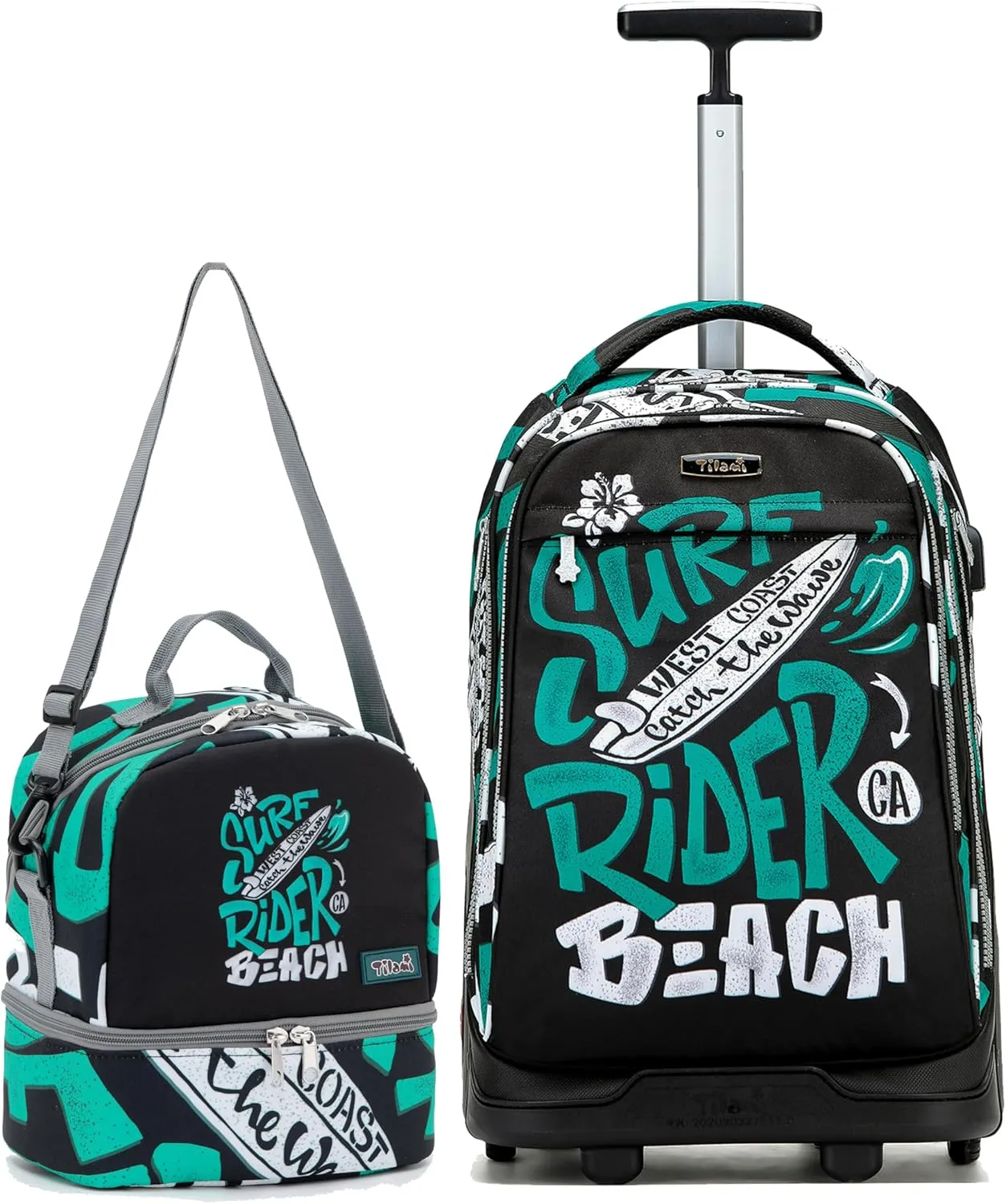 NEW TILAMI 19 inch Rolling Backpack with Lunch Bag for Boys and Girls Wheeled Laptop Backpack Durable Stylish Carry-on Bag School Travel, Beach Surf Rider