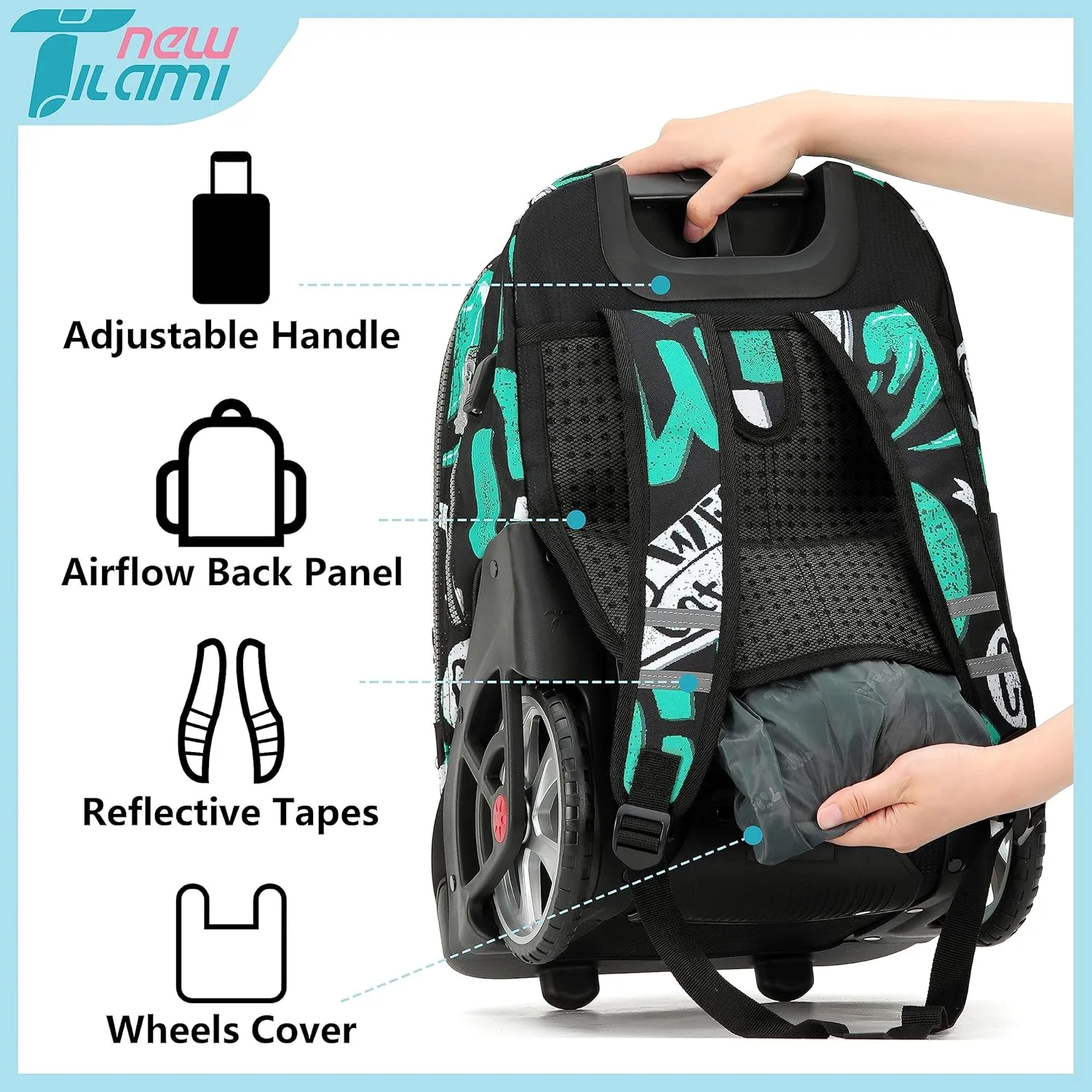 NEW TILAMI 19 inch Rolling Backpack with Lunch Bag for Boys and Girls Wheeled Laptop Backpack Durable Stylish Carry-on Bag School Travel, Beach Surf Rider