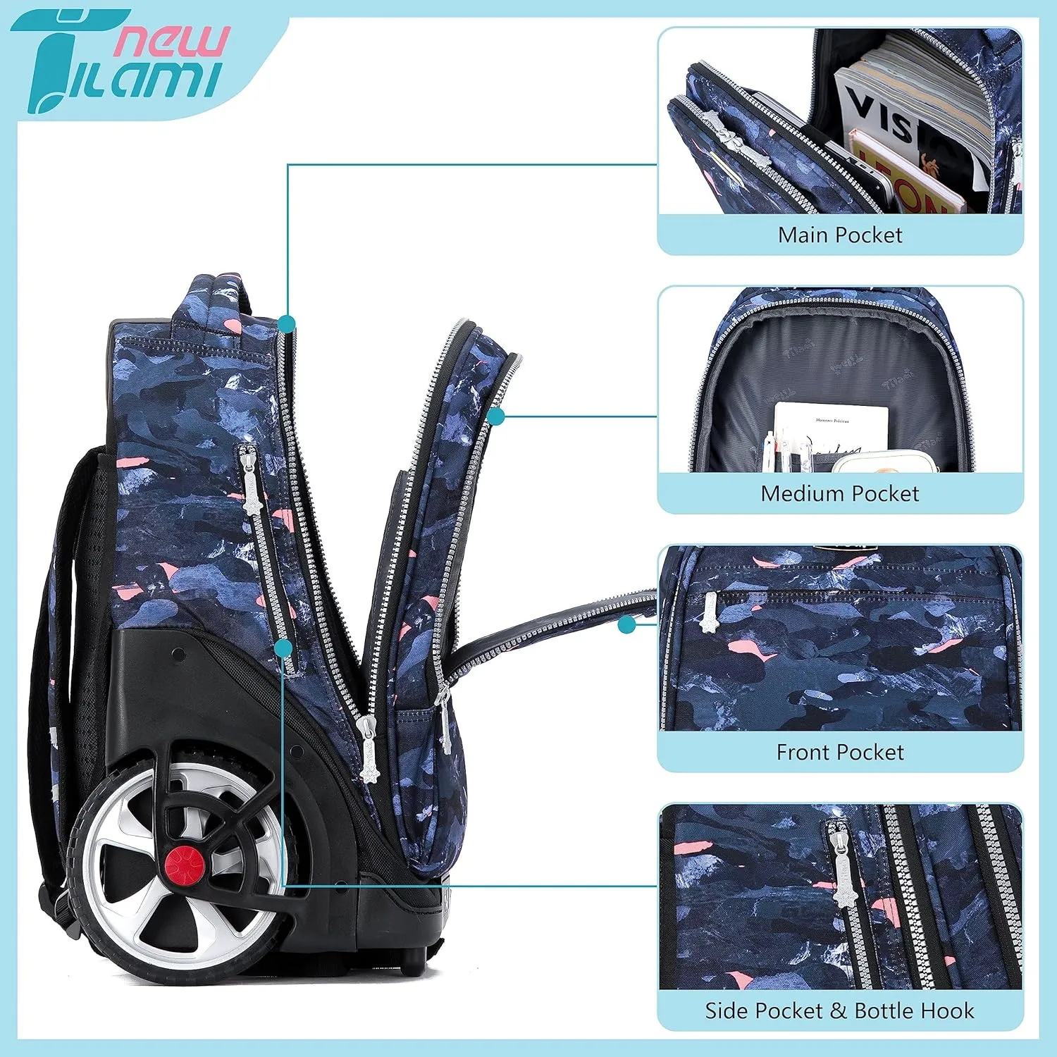 NEW TILAMI 19 Inch Rolling Backpack with Matching Lunch Bag Durable for Girls and Boys Wheeled Laptop Backpack Carry-on Bag School Travel, Doodle Grey