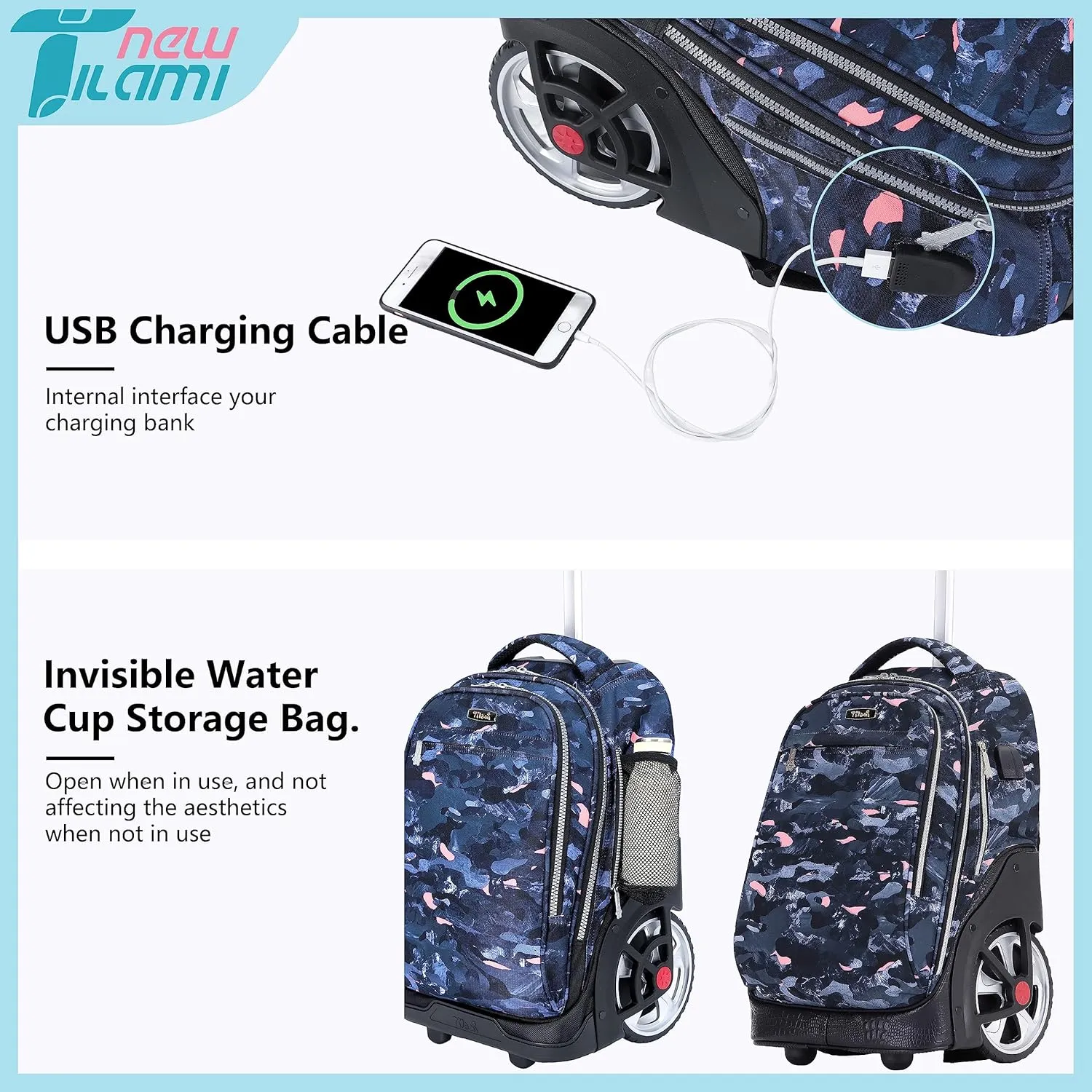 NEW TILAMI 19 Inch Rolling Backpack with Matching Lunch Bag Durable for Girls and Boys Wheeled Laptop Backpack Carry-on Bag School Travel, Doodle Grey