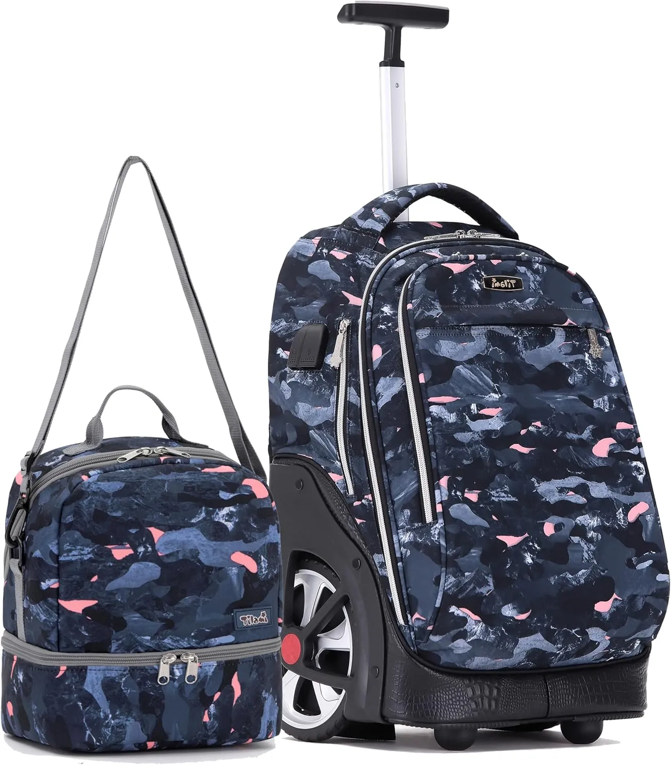 NEW TILAMI 19 Inch Rolling Backpack with Matching Lunch Bag Durable for Girls and Boys Wheeled Laptop Backpack Carry-on Bag School Travel, Doodle Grey