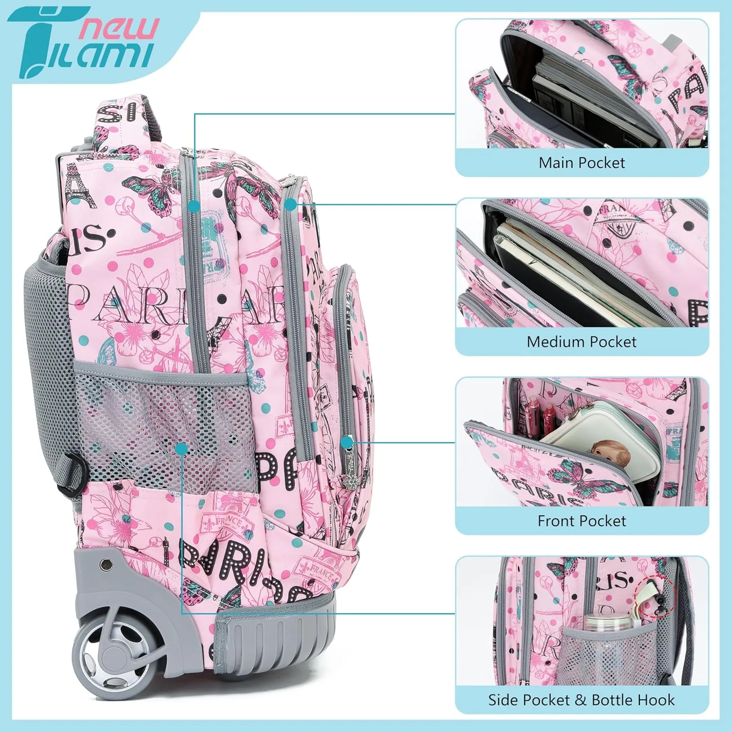 NEW TILAMI Rolling Backpack for Kids 18 Inch Wheeled Laptop Backpack Kids School Travel