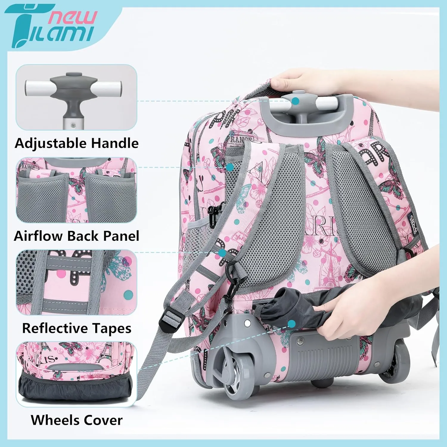 NEW TILAMI Rolling Backpack for Kids 18 Inch Wheeled Laptop Backpack Kids School Travel