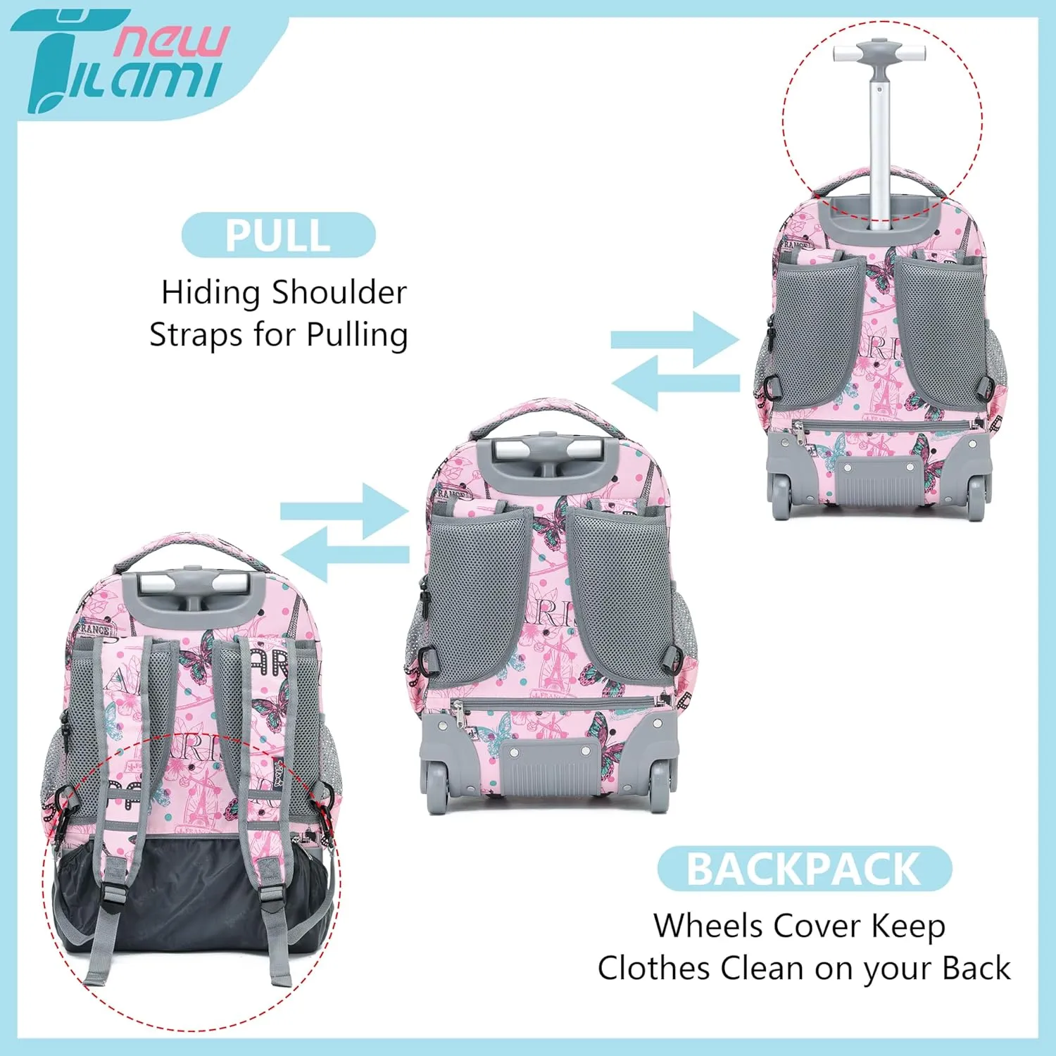 NEW TILAMI Rolling Backpack for Kids 18 Inch Wheeled Laptop Backpack Kids School Travel