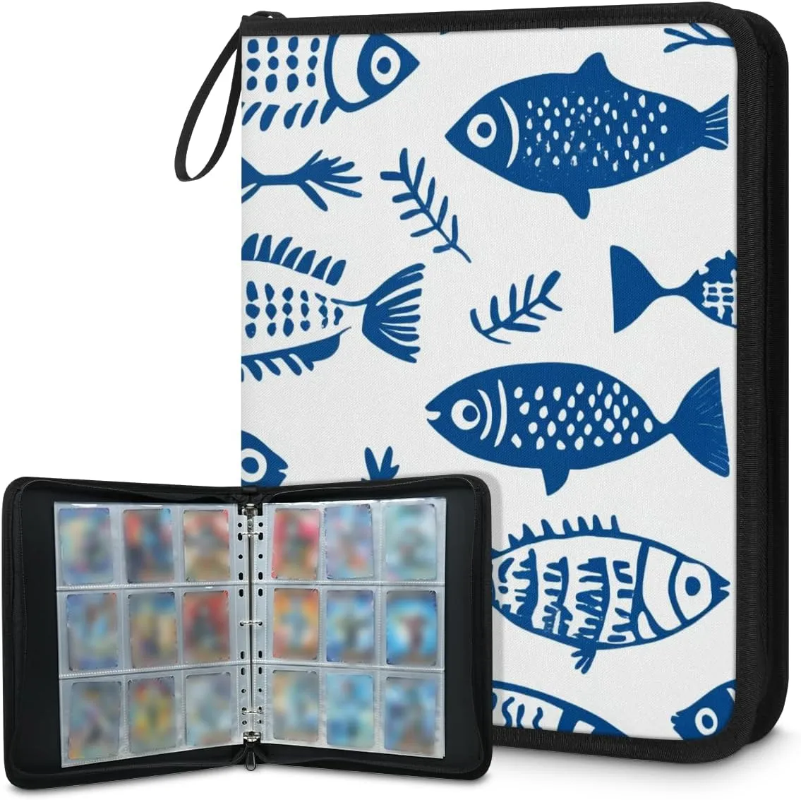 Ocean Fish Trading Card Binder 4 Pocket 400 Cards Holder Collector Album with 50 Removable Sleeves Toys Gifts for Boys Girls Blue Fishes Game Sports Cards