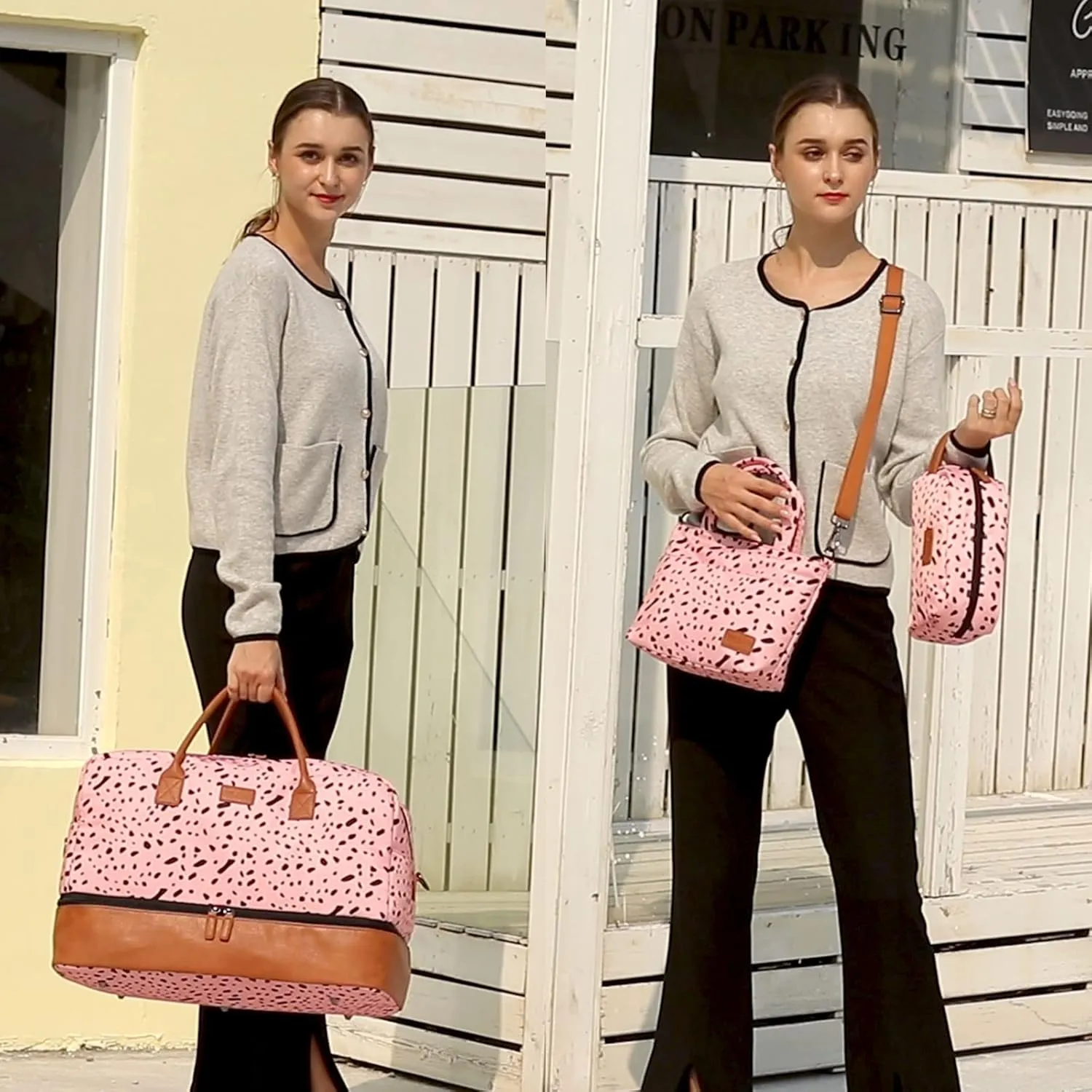 Oflamn Weekender Bag for Women Canvas Overnight Bag Large Travel Duffle Bag with Shoe Compartment 3Pcs Set