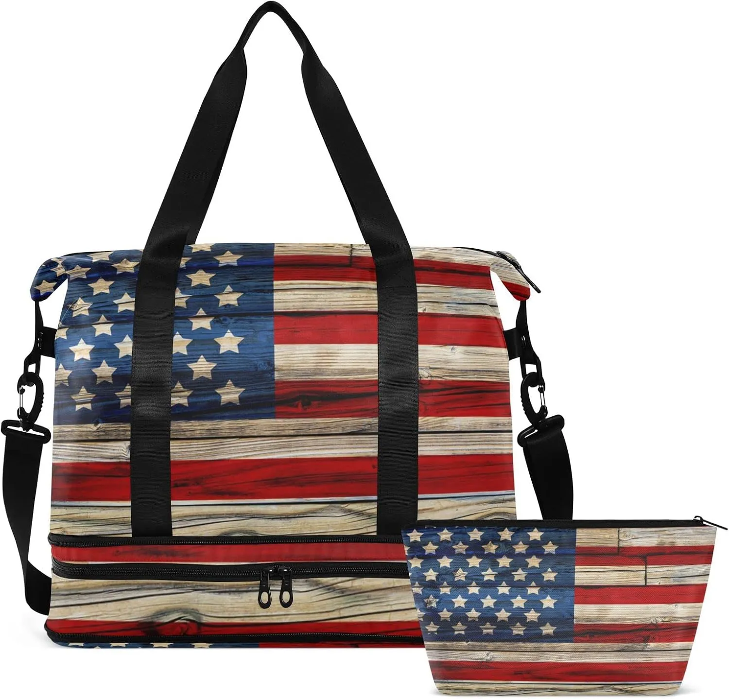 Old Painted American Flag Travel Duffel Bag for Women Men Gym Bag with Shoe Compartment Wet Pocket Carry On Weekender Overnight Bags for Airline Travel Gym