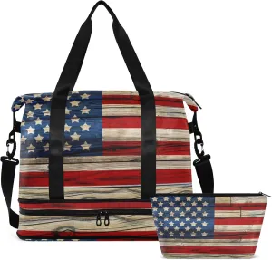 Old Painted American Flag Travel Duffel Bag for Women Men Gym Bag with Shoe Compartment Wet Pocket Carry On Weekender Overnight Bags for Airline Travel Gym