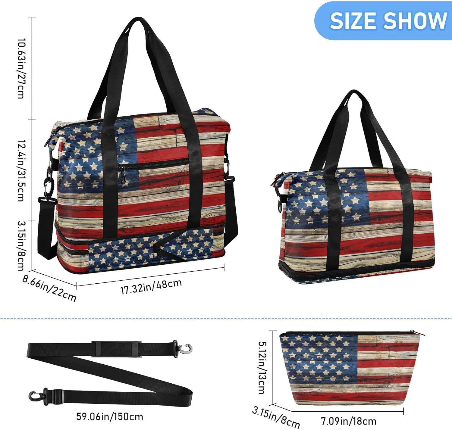 Old Painted American Flag Travel Duffel Bag for Women Men Gym Bag with Shoe Compartment Wet Pocket Carry On Weekender Overnight Bags for Airline Travel Gym
