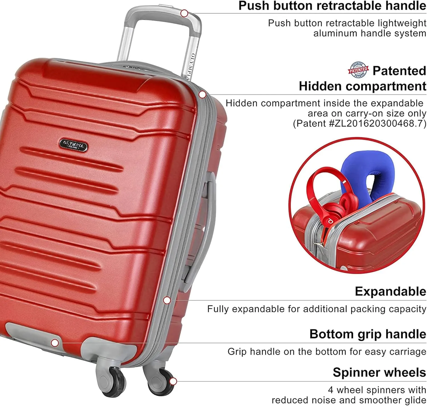 Olympia Denmark 21 Inch Expandable Carry On 4 Wheel Spinner Multiple Grip Luggage Suitcase with Aluminum Locking System and Interior Divider, Wine