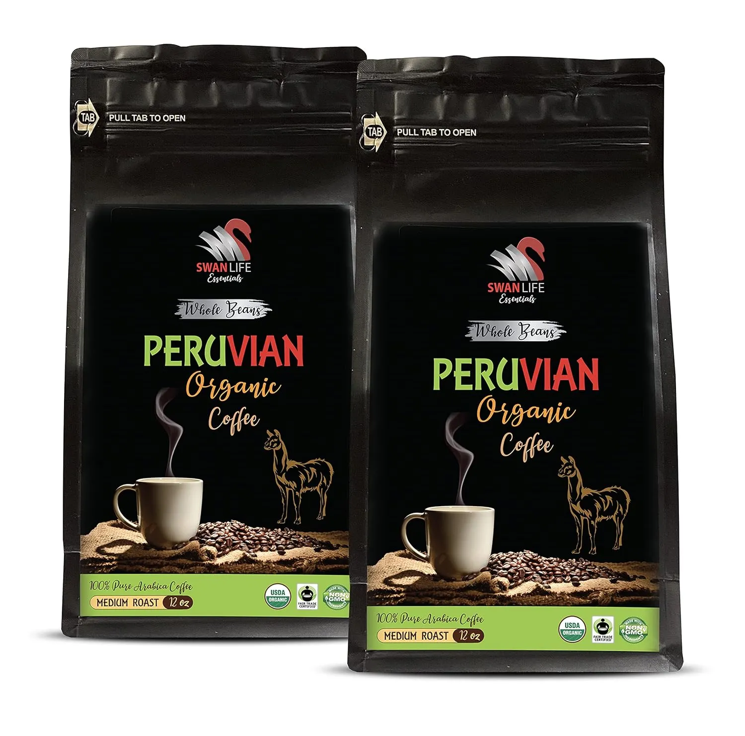 organic coffee 1 lb whole bean - PERUVIAN COFFEE ORGANIC WHOLE BEANS, medium roast, arabica, low acidity - medium roast low acid coffee, 2 Bags (24 oz)
