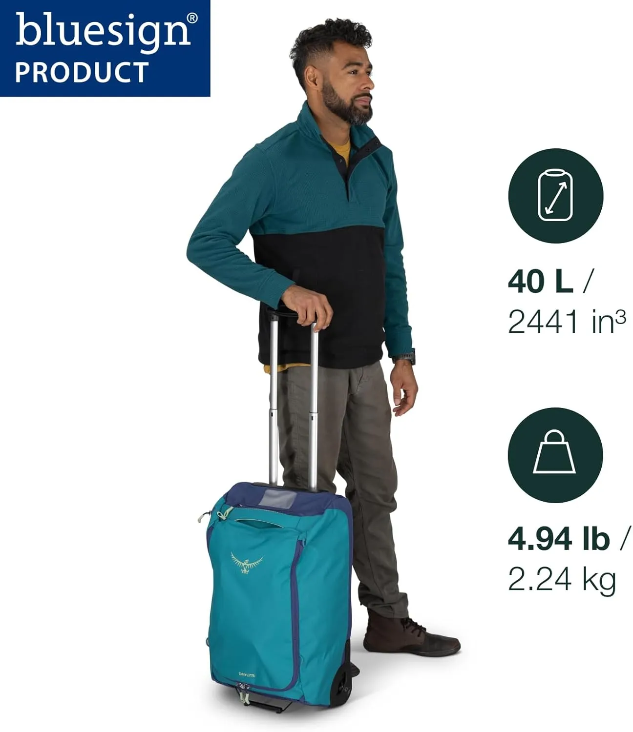 Osprey Daylite 40L Carry-On Wheeled Duffel, Blue Spikemoss/Alkaline