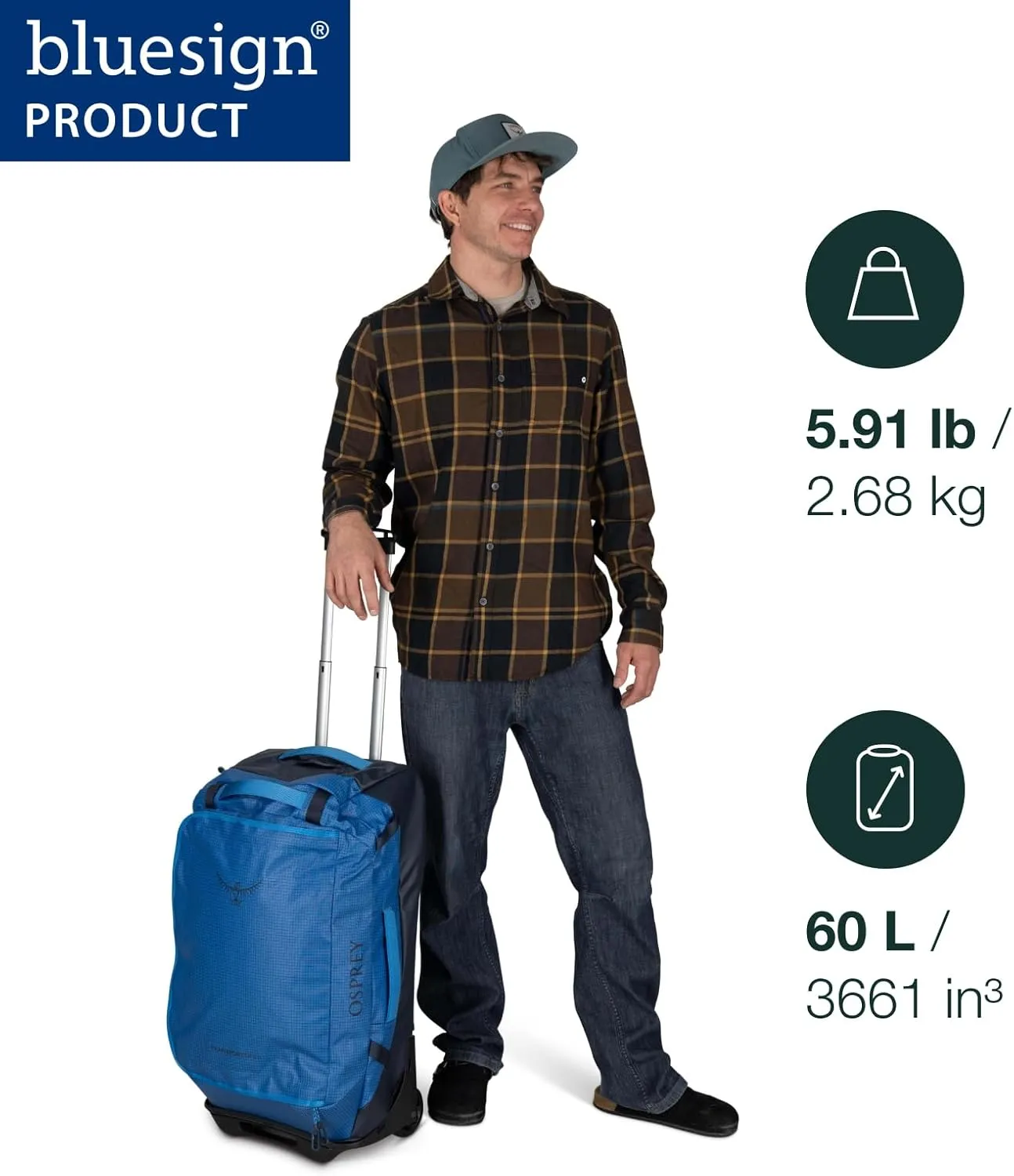 Osprey Transporter 60L Wheeled Travel Duffel Bag, Blue Flame/Nocturnal Blue
