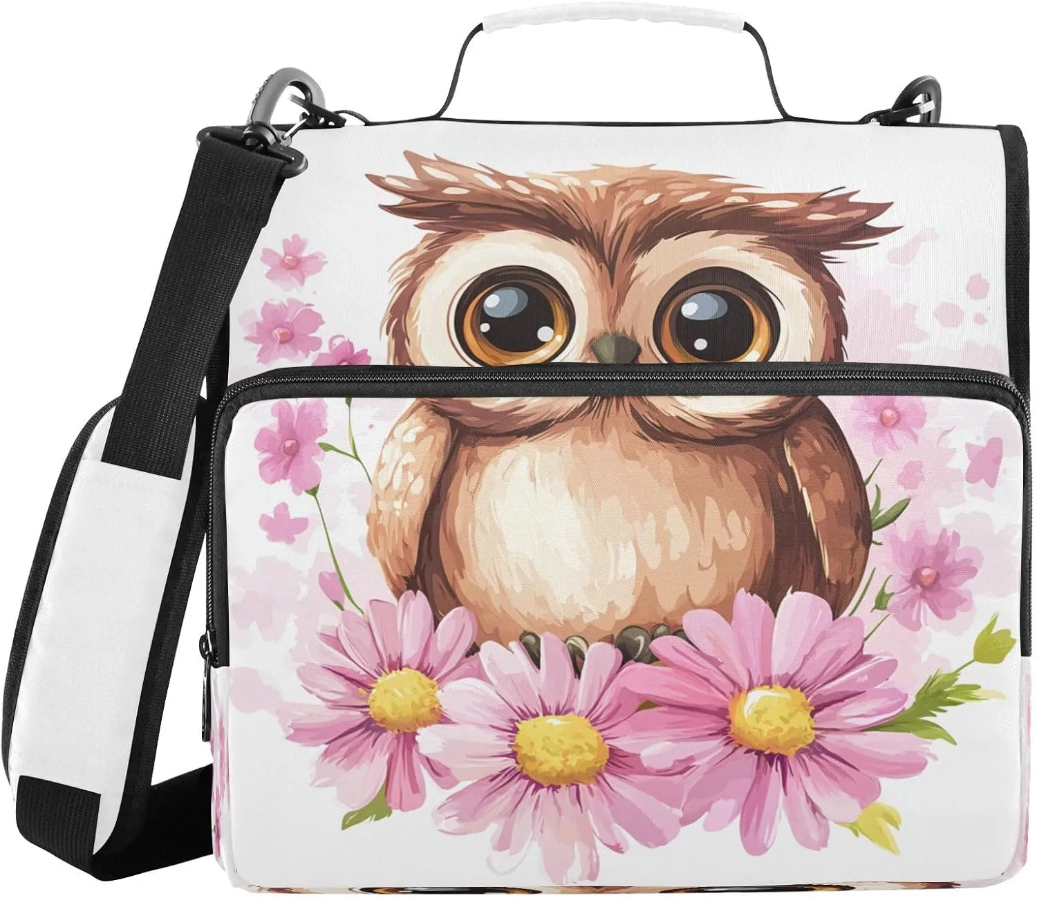 Owl PinkFlowers 3 Ring Zipper Binder with Shoulder Strap Portfolio Binder Case for School Office Document Storage
