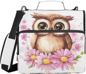 Owl PinkFlowers 3 Ring Zipper Binder with Shoulder Strap Portfolio Binder Case for School Office Document Storage