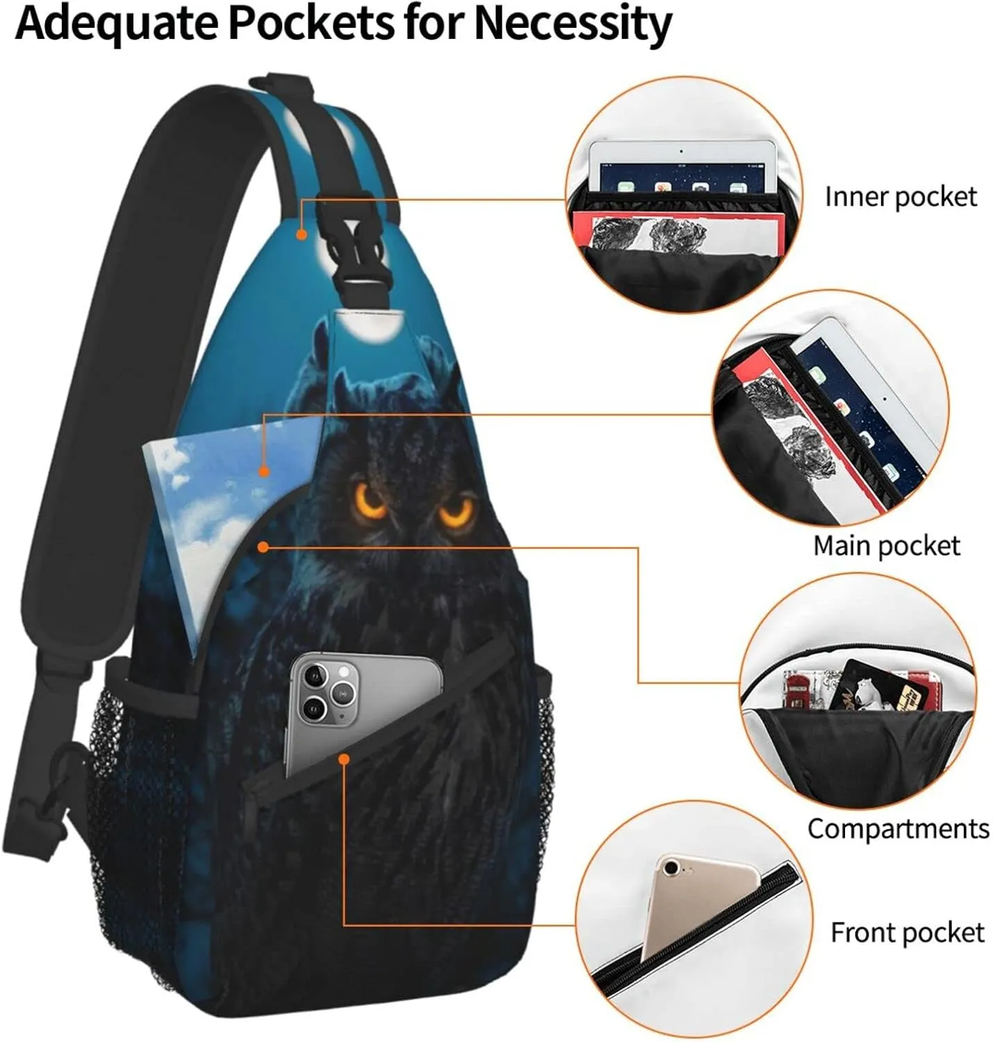 Owl Sling Bag Animal Crossbody Chest Daypack Casual Backpack Cool Shoulder Bag For Travel Picnic