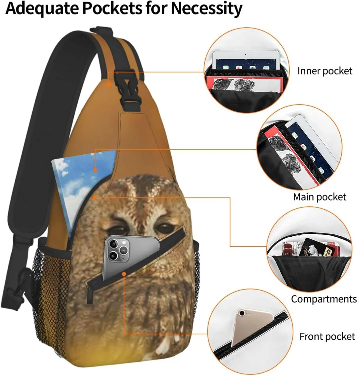 Owl Sling Bag Animal Crossbody Chest Daypack Casual Backpack Cool Shoulder Bag For Travel Picnic