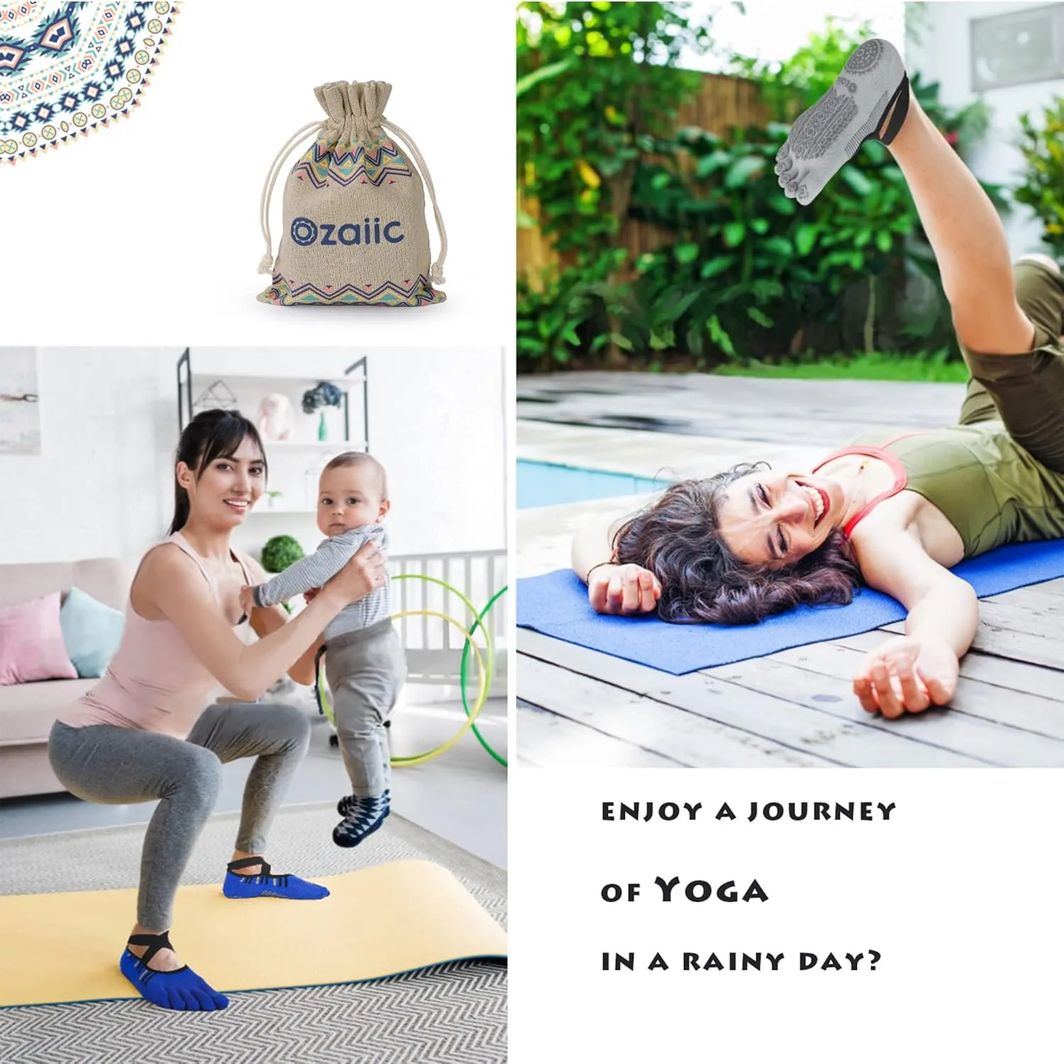 Ozaiic Yoga Socks for Women with Grips, Non-Slip Five Toe Socks for Pilates, Barre, Ballet, Fitness