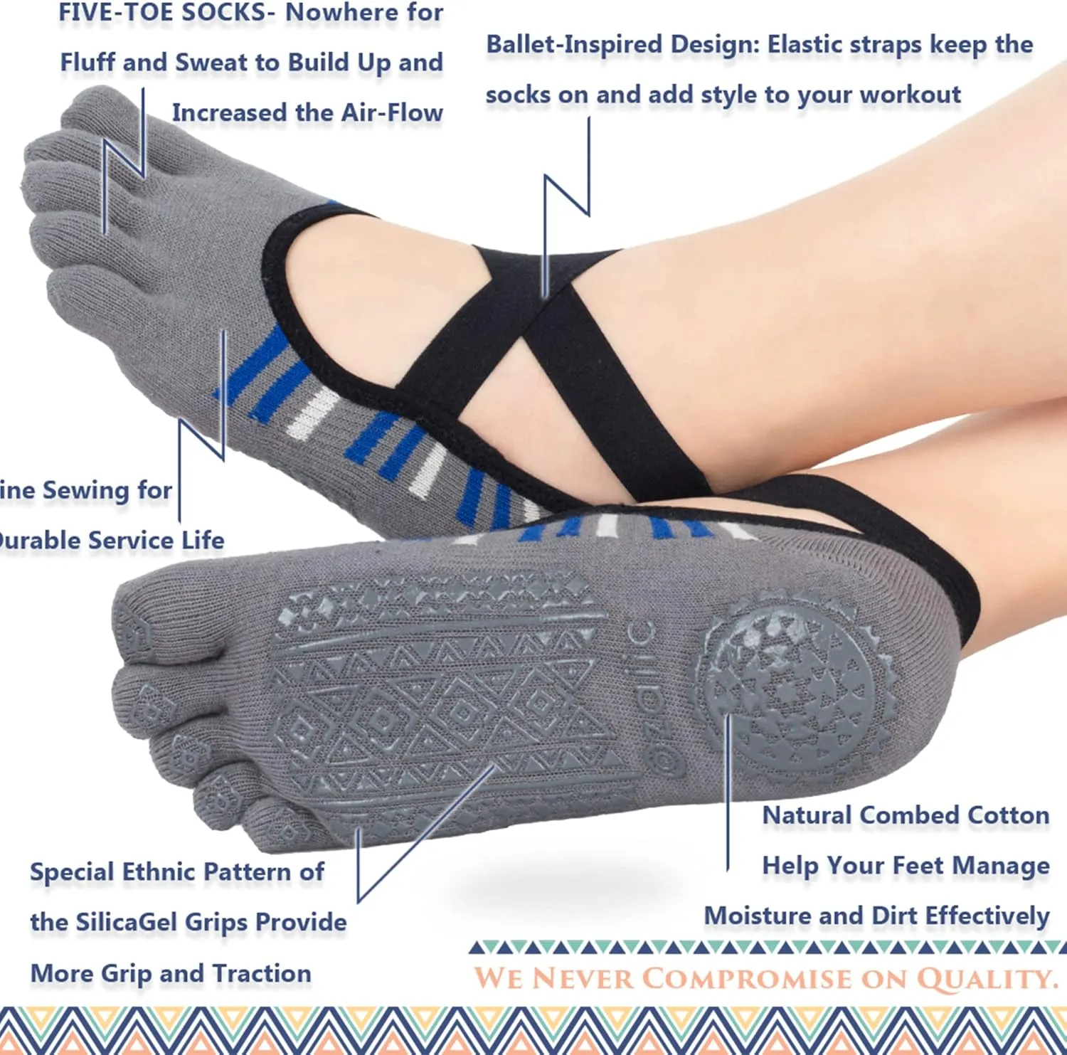 Ozaiic Yoga Socks for Women with Grips, Non-Slip Five Toe Socks for Pilates, Barre, Ballet, Fitness