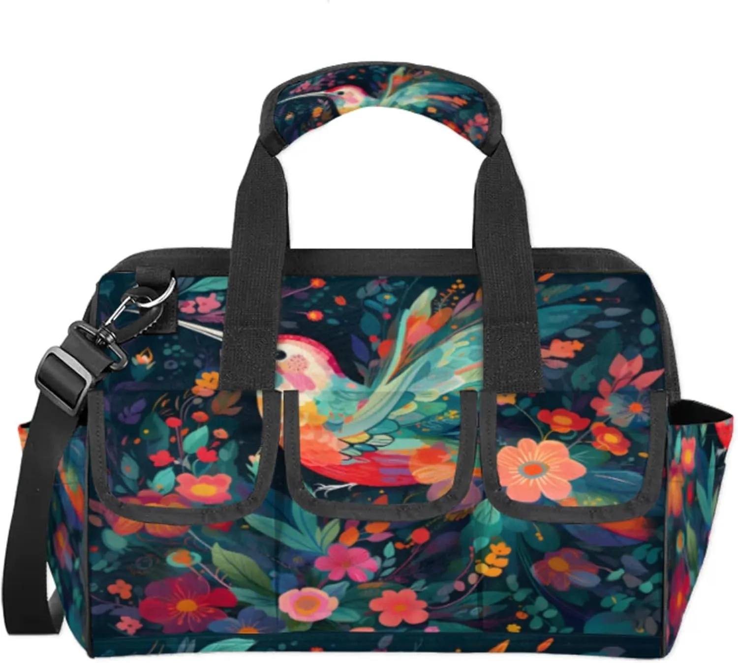 Painted Hummingbirds Tool Bag – Heavy-Duty Multi-Pocket 14  Pockets (6 Inner   6 Outer   2 Side), Removable Shoulder Strap, for Construction, Gardening, Camping, Travel – 14.8 x 9.1 x 10 Inches