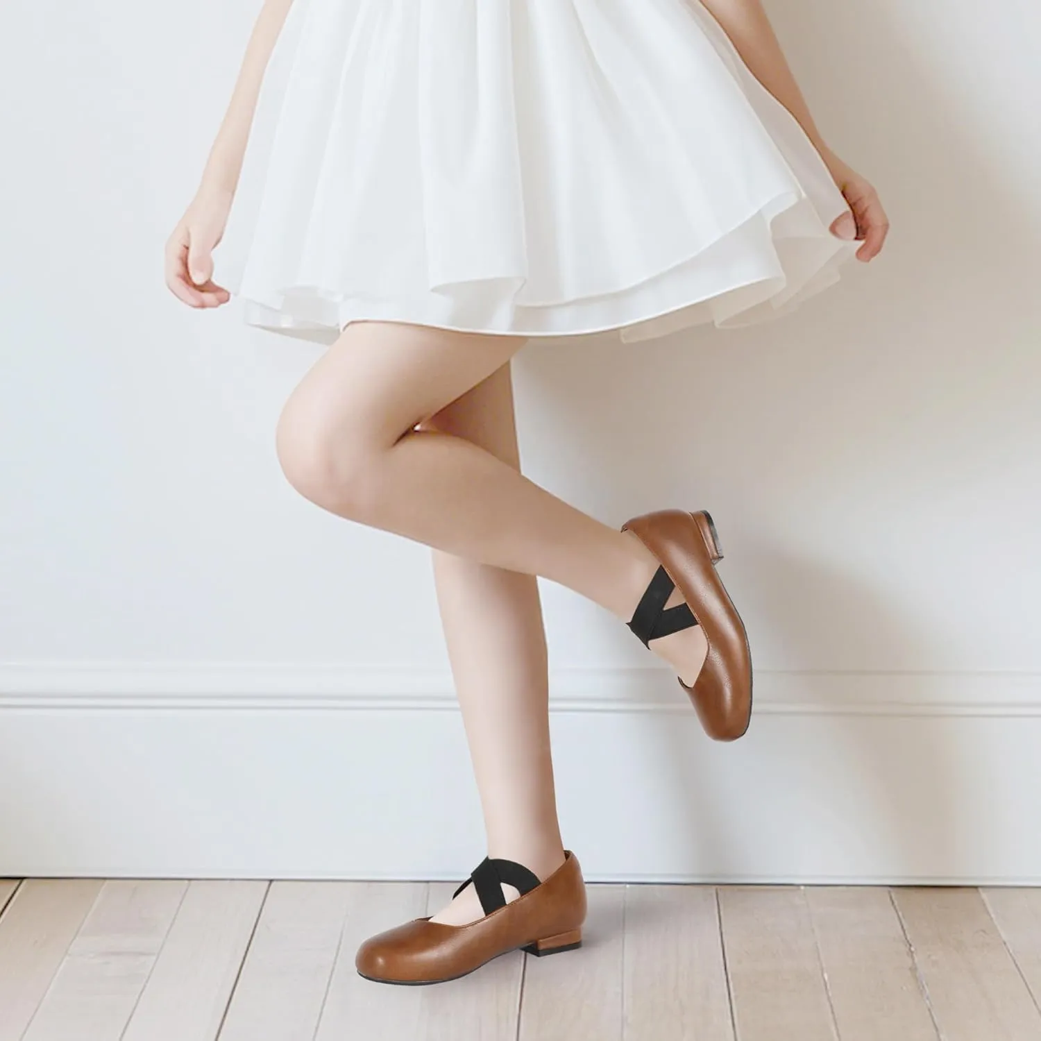 PANDANINJIA Girls Dress Shoes Ballet Flats Mary Jane Elastic Cross Strap Little Big Kid Low Heels Flower Girl Shoes