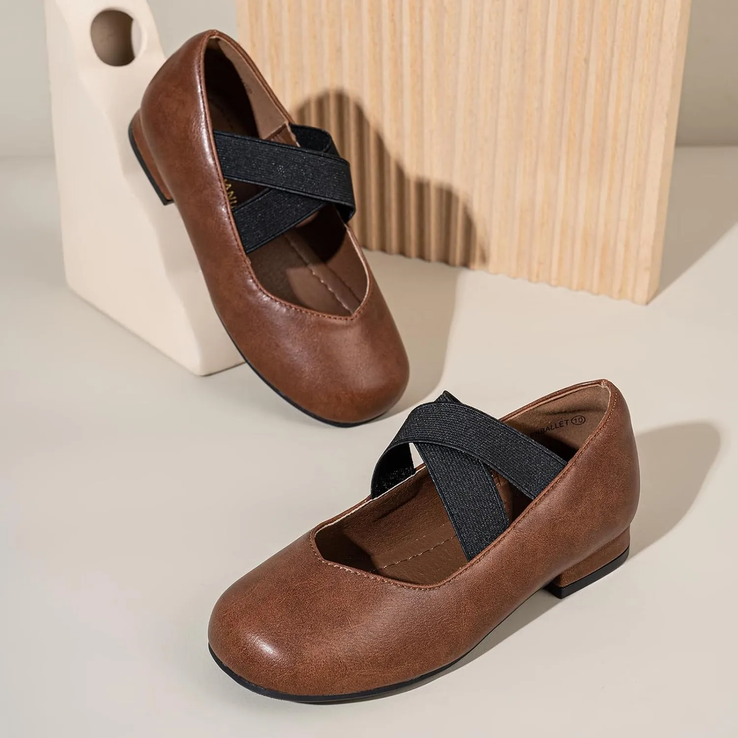 PANDANINJIA Girls Dress Shoes Ballet Flats Mary Jane Elastic Cross Strap Little Big Kid Low Heels Flower Girl Shoes