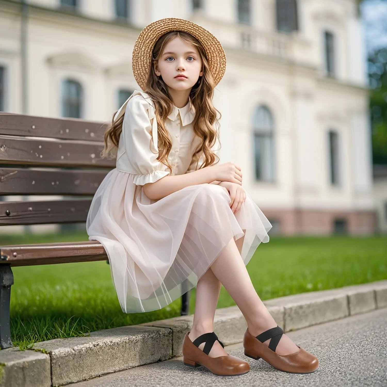 PANDANINJIA Girls Dress Shoes Ballet Flats Mary Jane Elastic Cross Strap Little Big Kid Low Heels Flower Girl Shoes