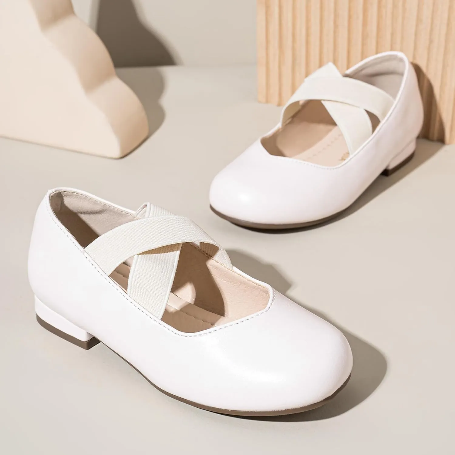 PANDANINJIA Girls Dress Shoes Ballet Flats Mary Jane Elastic Cross Strap Little Big Kid Low Heels Flower Girl Shoes