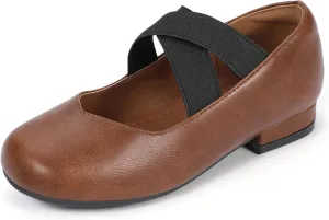 PANDANINJIA Girls Dress Shoes Ballet Flats Mary Jane Elastic Cross Strap Little Big Kid Low Heels Flower Girl Shoes