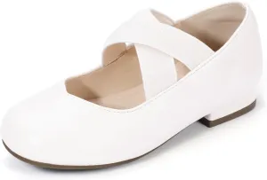 PANDANINJIA Girls Dress Shoes Ballet Flats Mary Jane Elastic Cross Strap Little Big Kid Low Heels Flower Girl Shoes