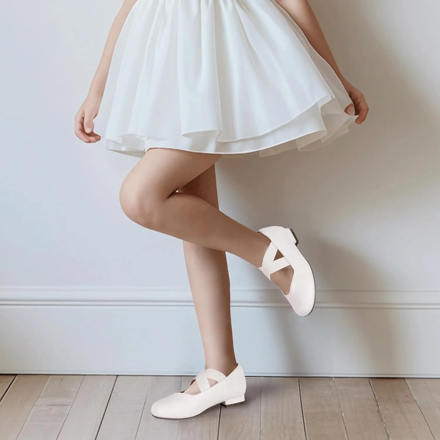 PANDANINJIA Girls Dress Shoes Ballet Flats Mary Jane Elastic Cross Strap Little Big Kid Low Heels Flower Girl Shoes