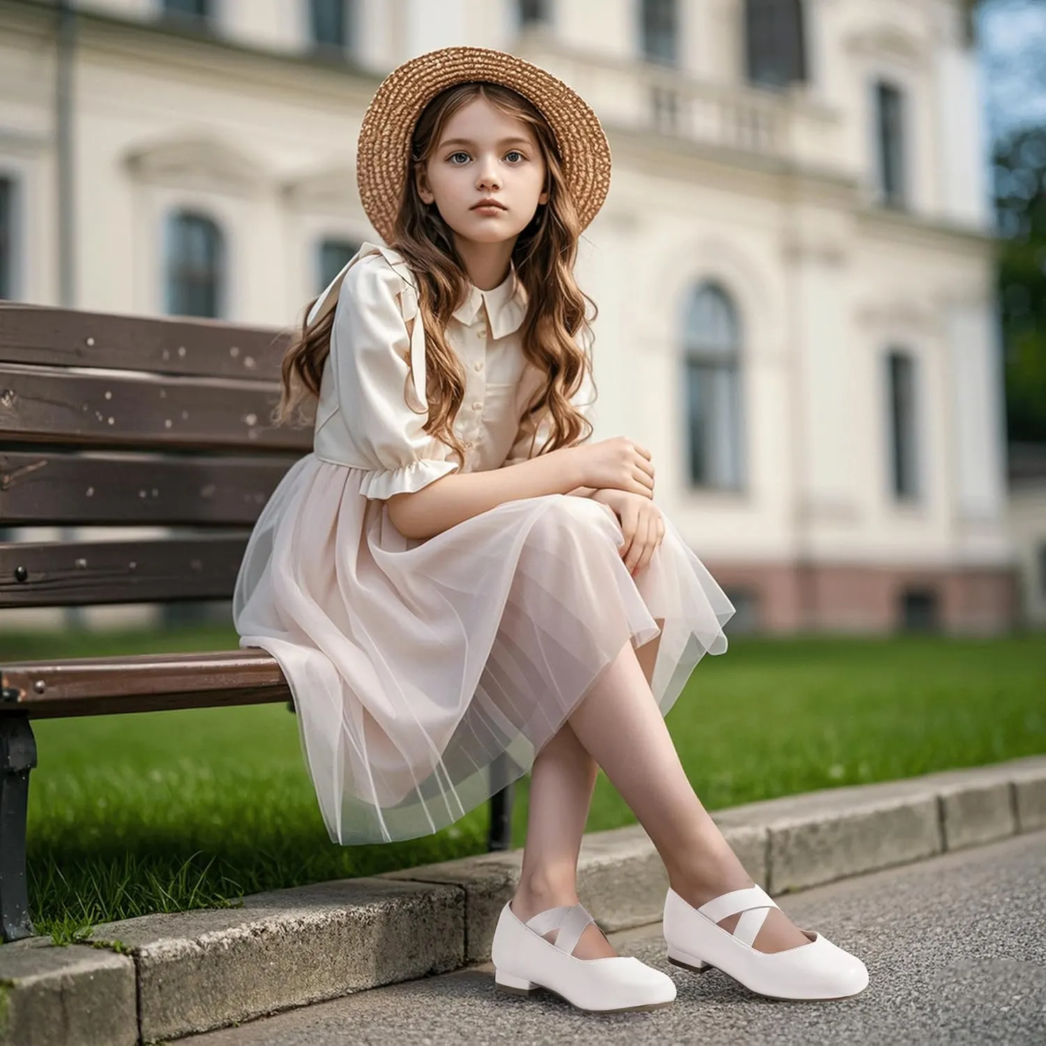 PANDANINJIA Girls Dress Shoes Ballet Flats Mary Jane Elastic Cross Strap Little Big Kid Low Heels Flower Girl Shoes