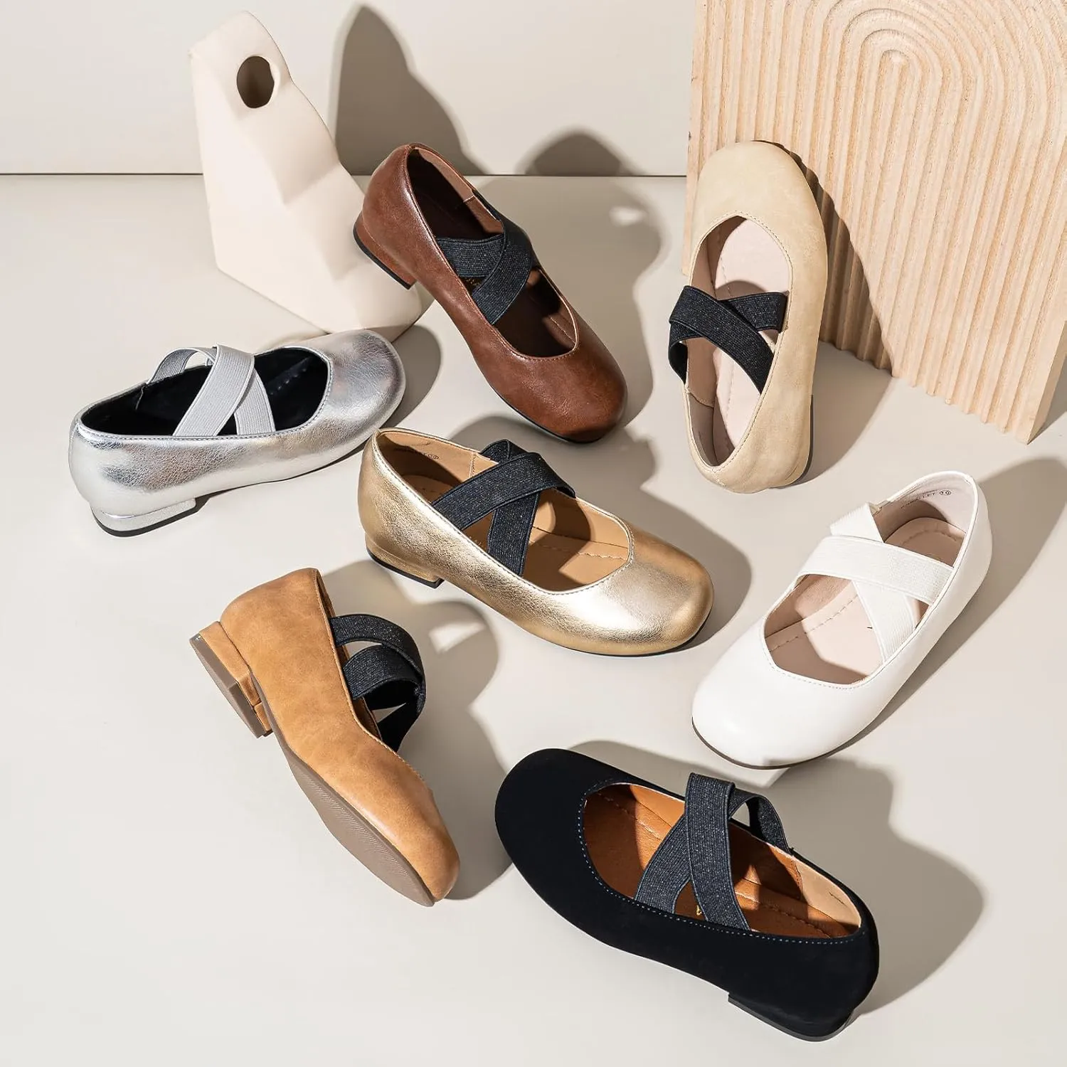 PANDANINJIA Girls Dress Shoes Ballet Flats Mary Jane Elastic Cross Strap Little Big Kid Low Heels Flower Girl Shoes