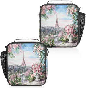 Paris Eiffel Tower Flower Painting Insulated Lunch Bag Reusable Waterproofing Lunch Box with Shoulder Strap Handle and Water Bottle Net Bag for Travel Camping Beach Picnic