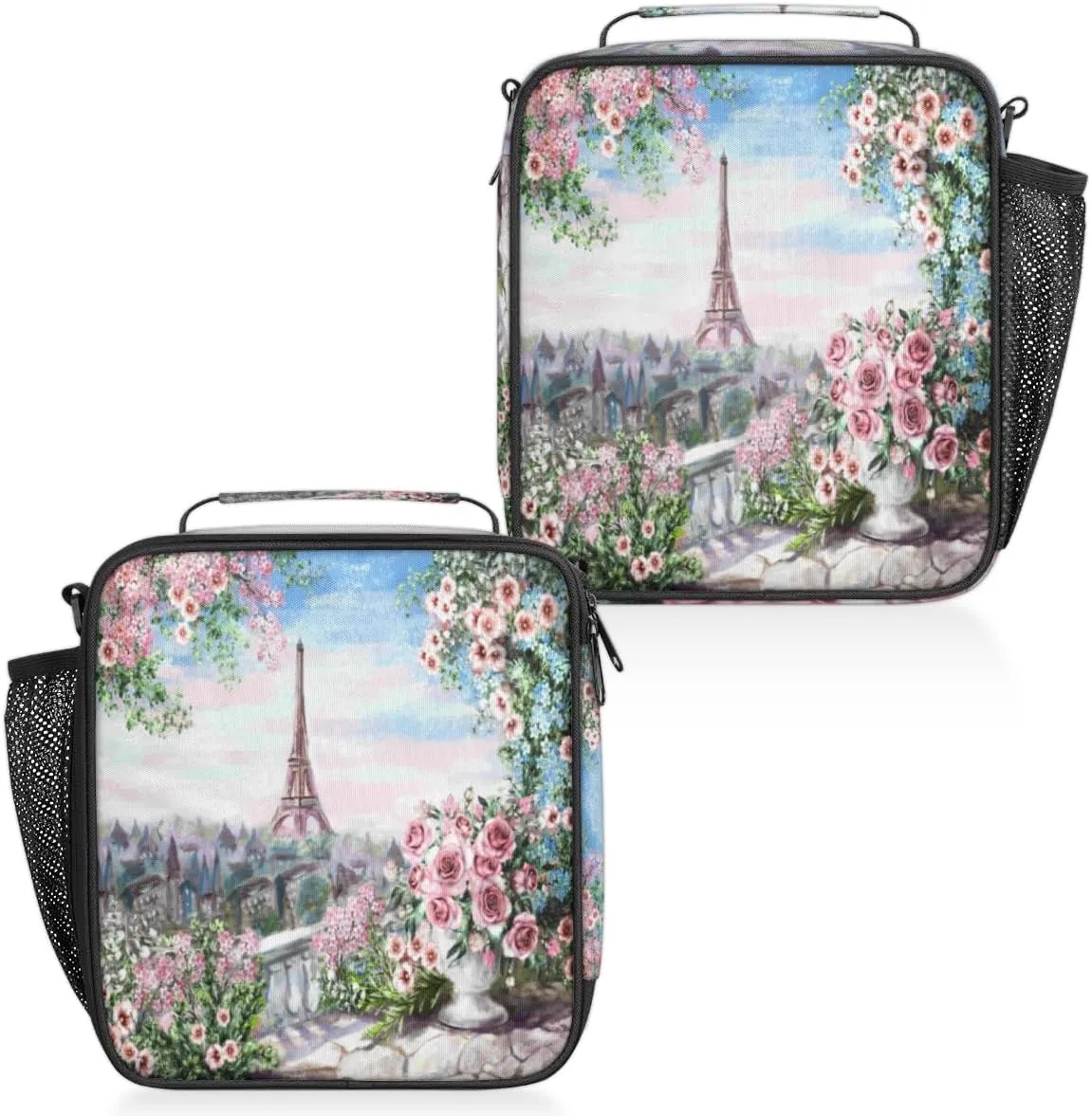 Paris Eiffel Tower Flower Painting Insulated Lunch Bag Reusable Waterproofing Lunch Box with Shoulder Strap Handle and Water Bottle Net Bag for Travel Camping Beach Picnic
