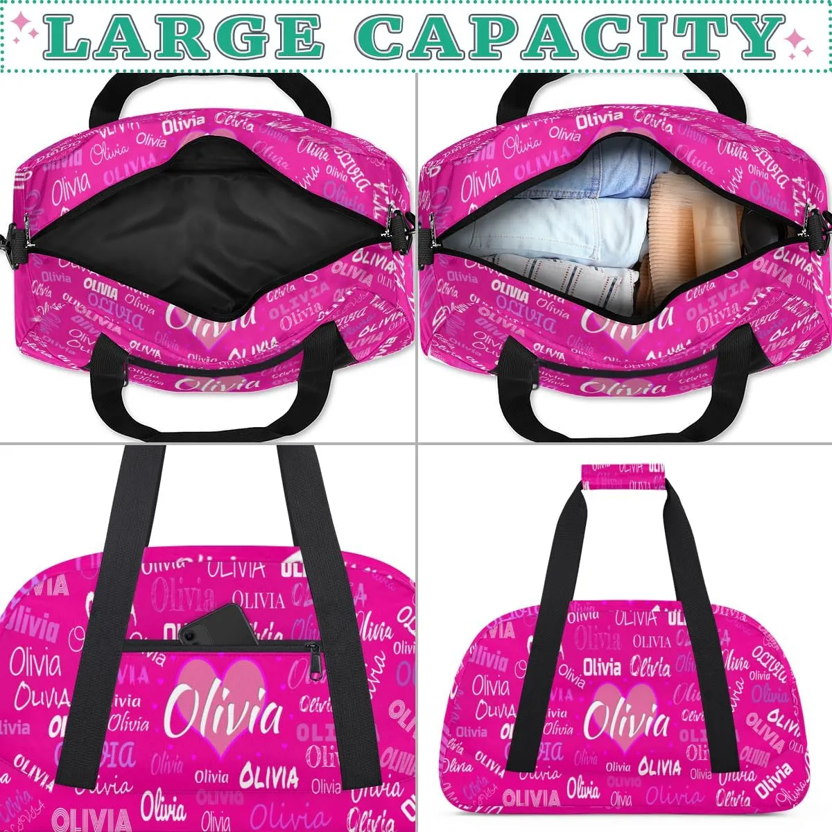 Personalized Cheer Bag Girl Sport Duffel Bag, Cheerleader Rosy Pink Solid Color Customize Travel Duffle Bag with Name, Overnight Weekender Bags, School Perform Cheer Bag