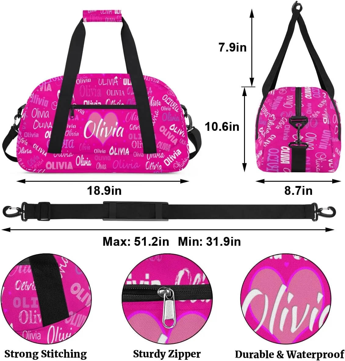 Personalized Cheer Bag Girl Sport Duffel Bag, Cheerleader Rosy Pink Solid Color Customize Travel Duffle Bag with Name, Overnight Weekender Bags, School Perform Cheer Bag