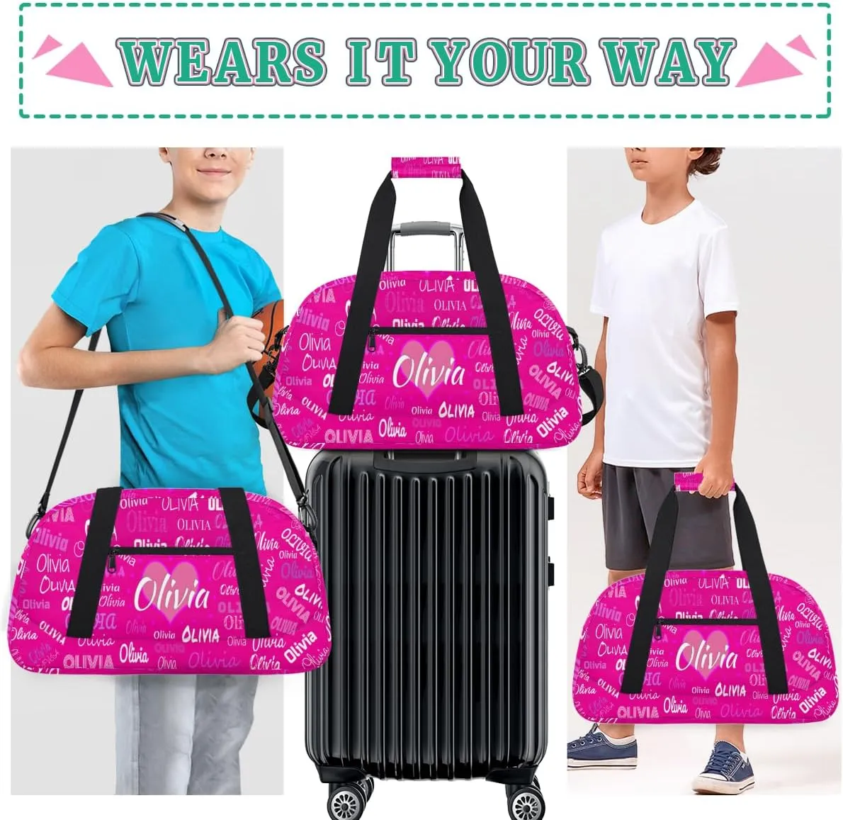 Personalized Cheer Bag Girl Sport Duffel Bag, Cheerleader Rosy Pink Solid Color Customize Travel Duffle Bag with Name, Overnight Weekender Bags, School Perform Cheer Bag