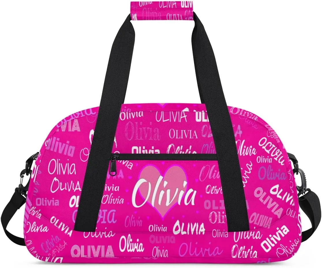 Personalized Cheer Bag Girl Sport Duffel Bag, Cheerleader Rosy Pink Solid Color Customize Travel Duffle Bag with Name, Overnight Weekender Bags, School Perform Cheer Bag