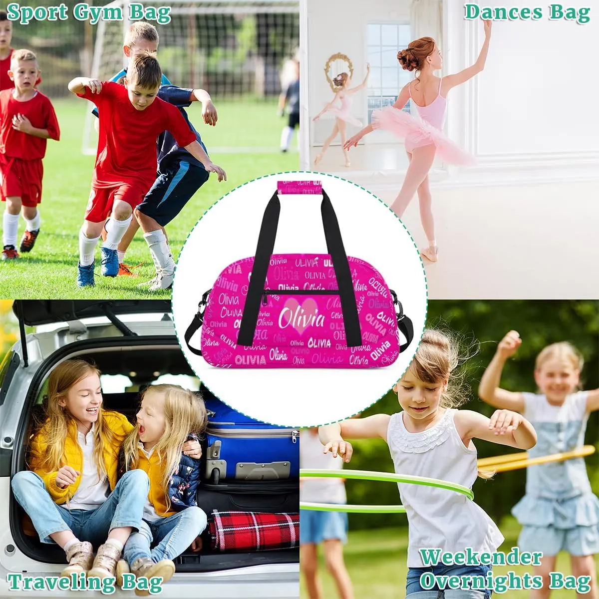 Personalized Cheer Bag Girl Sport Duffel Bag, Cheerleader Rosy Pink Solid Color Customize Travel Duffle Bag with Name, Overnight Weekender Bags, School Perform Cheer Bag