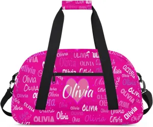 Personalized Cheer Bag Girl Sport Duffel Bag, Cheerleader Rosy Pink Solid Color Customize Travel Duffle Bag with Name, Overnight Weekender Bags, School Perform Cheer Bag