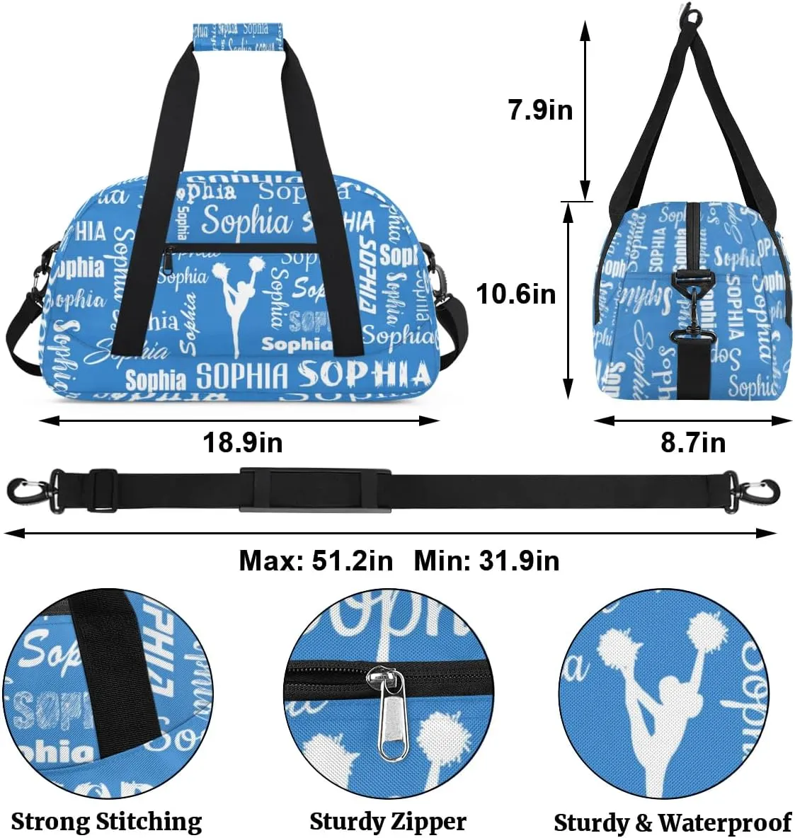 Personalized Cheer Bag Sport Duffel Bag for Cheerleader Custom Dance Overnight Weekender Bags Personalized Gymnastics Bag Cheerleading Gifts, Blue