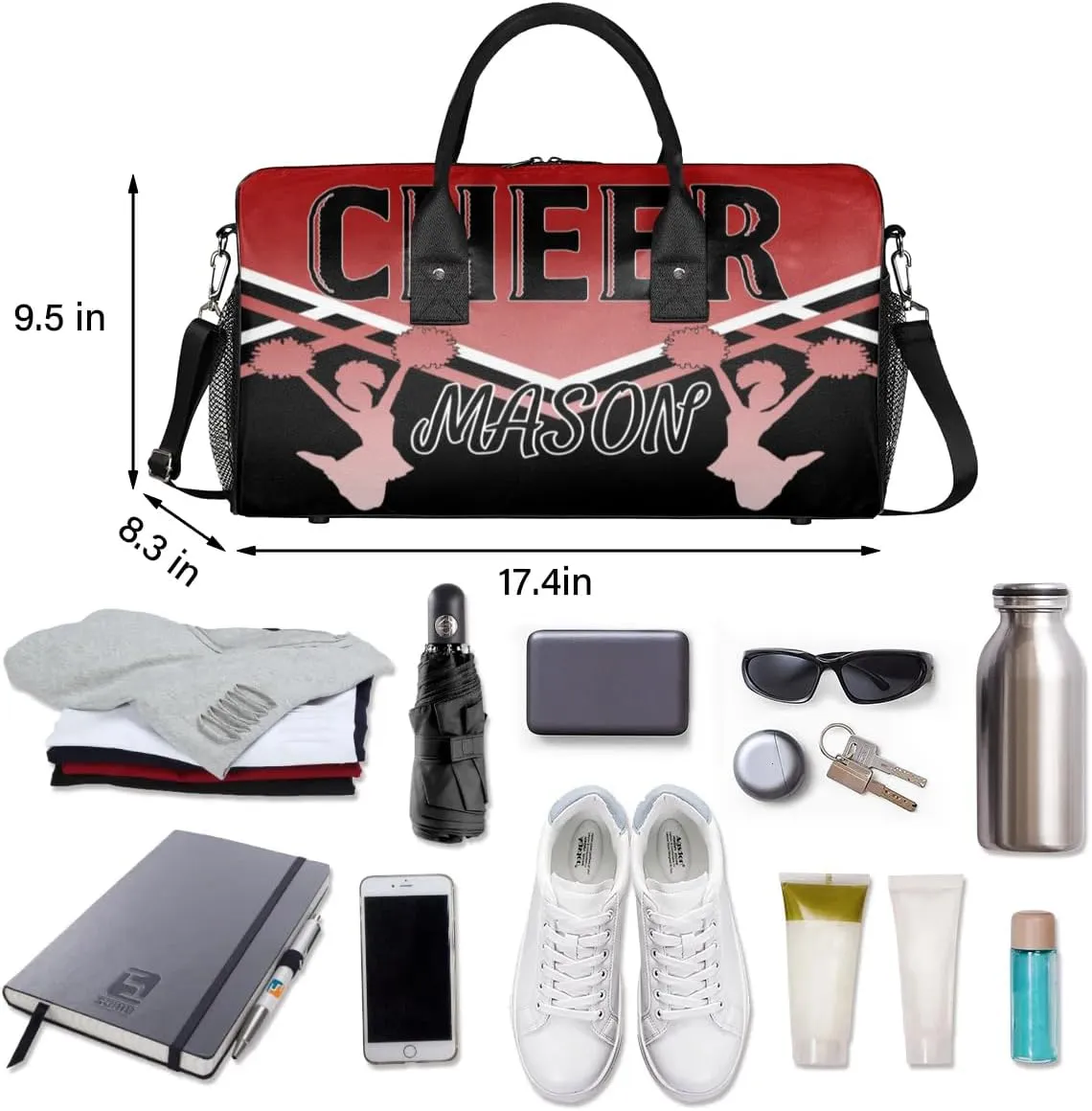 Personalized Cheer Bags for Cheerleaders, Custom Name Sport Gym Duffel Bags, Customized Travel Overnight Weekender Bags Personalized Cheerleading Gifts, Deep Red Gradient