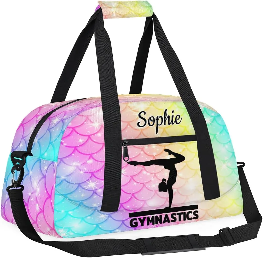 Personalized Dance Bag Gym Bags with Name Custom Sport Duffel Bag Gymnastic Training Bags Weekender Bags Travel Duffel Bag, Colorful Mermaid Scales
