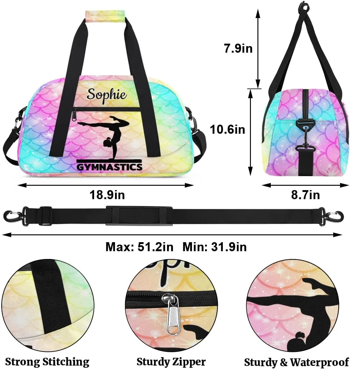 Personalized Dance Bag Gym Bags with Name Custom Sport Duffel Bag Gymnastic Training Bags Weekender Bags Travel Duffel Bag, Colorful Mermaid Scales