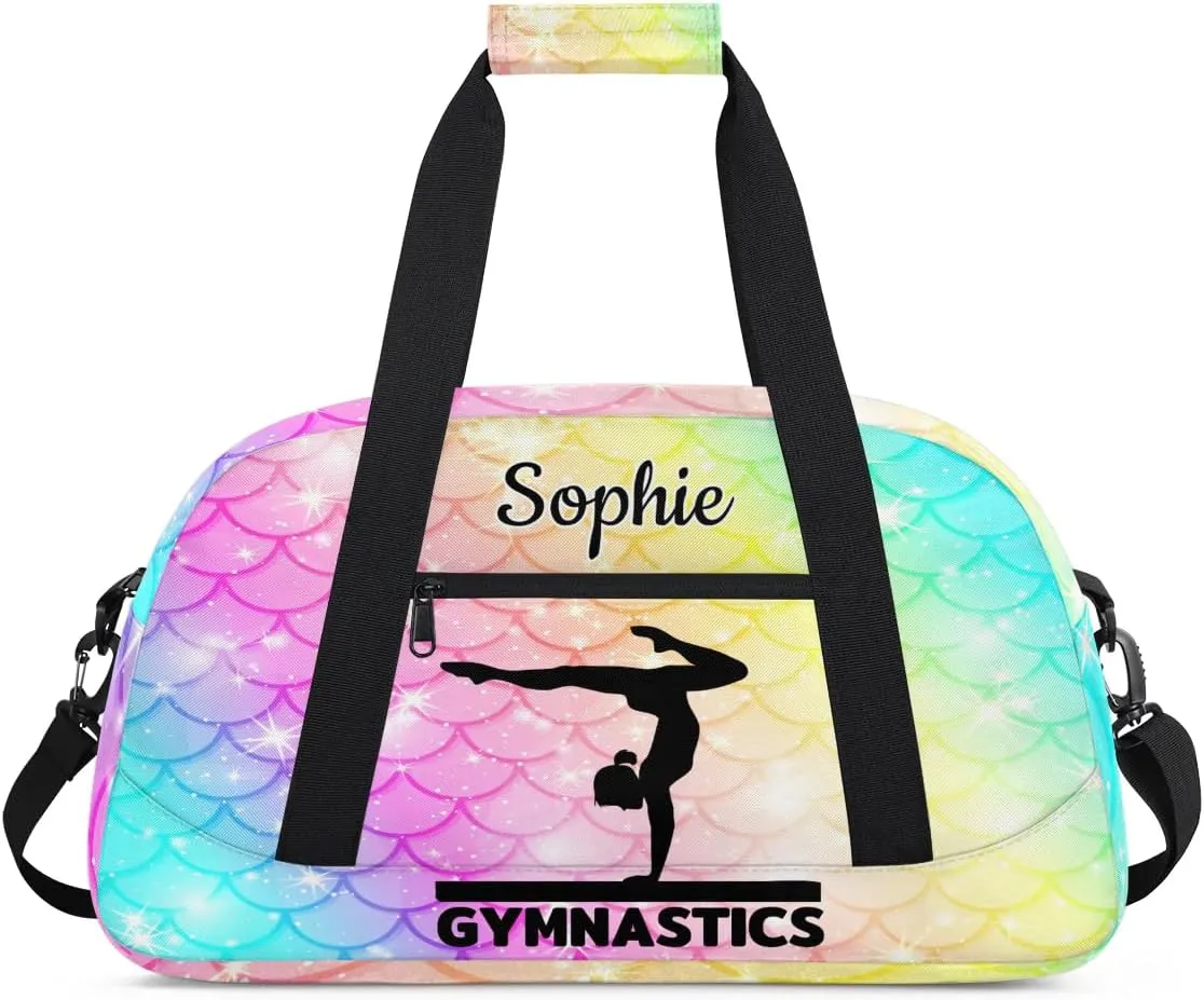 Personalized Dance Bag Gym Bags with Name Custom Sport Duffel Bag Gymnastic Training Bags Weekender Bags Travel Duffel Bag, Colorful Mermaid Scales