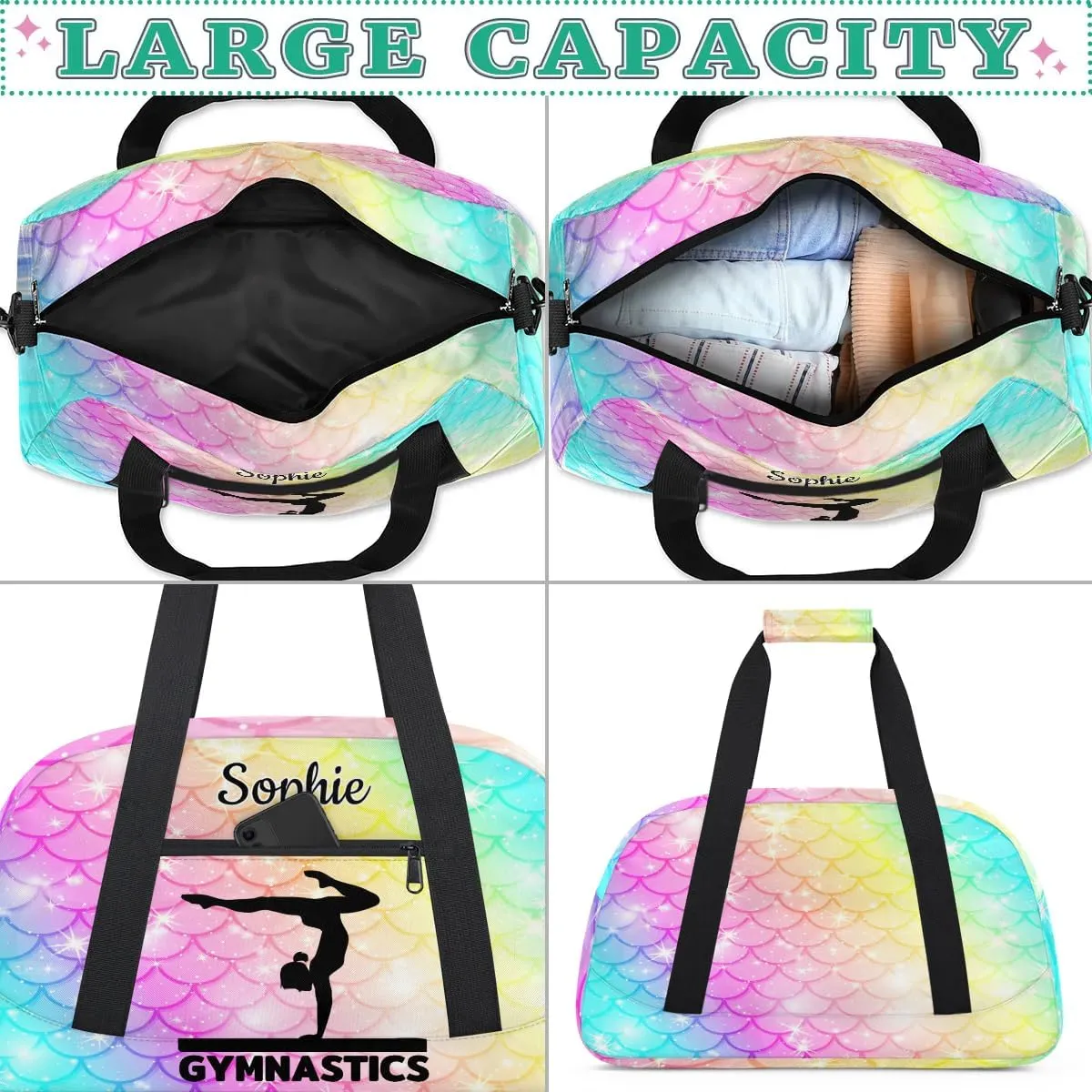 Personalized Dance Bag Gym Bags with Name Custom Sport Duffel Bag Gymnastic Training Bags Weekender Bags Travel Duffel Bag, Colorful Mermaid Scales